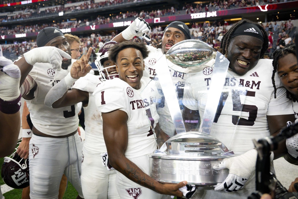 Texas A&M Aggies wide receiver Evan Stewart (1) celebrates a win over the Arkansas Razorbacks. 